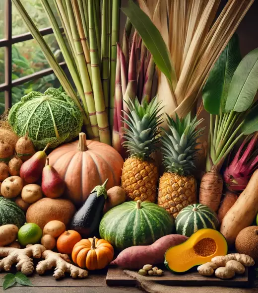 DALL·E 2025-03-12 19.37.06 - A realistic and vibrant display of various fresh produce, including eddoe plant, sugarcane, taro plant, ginger, sweet potato, butternut squash, pineap